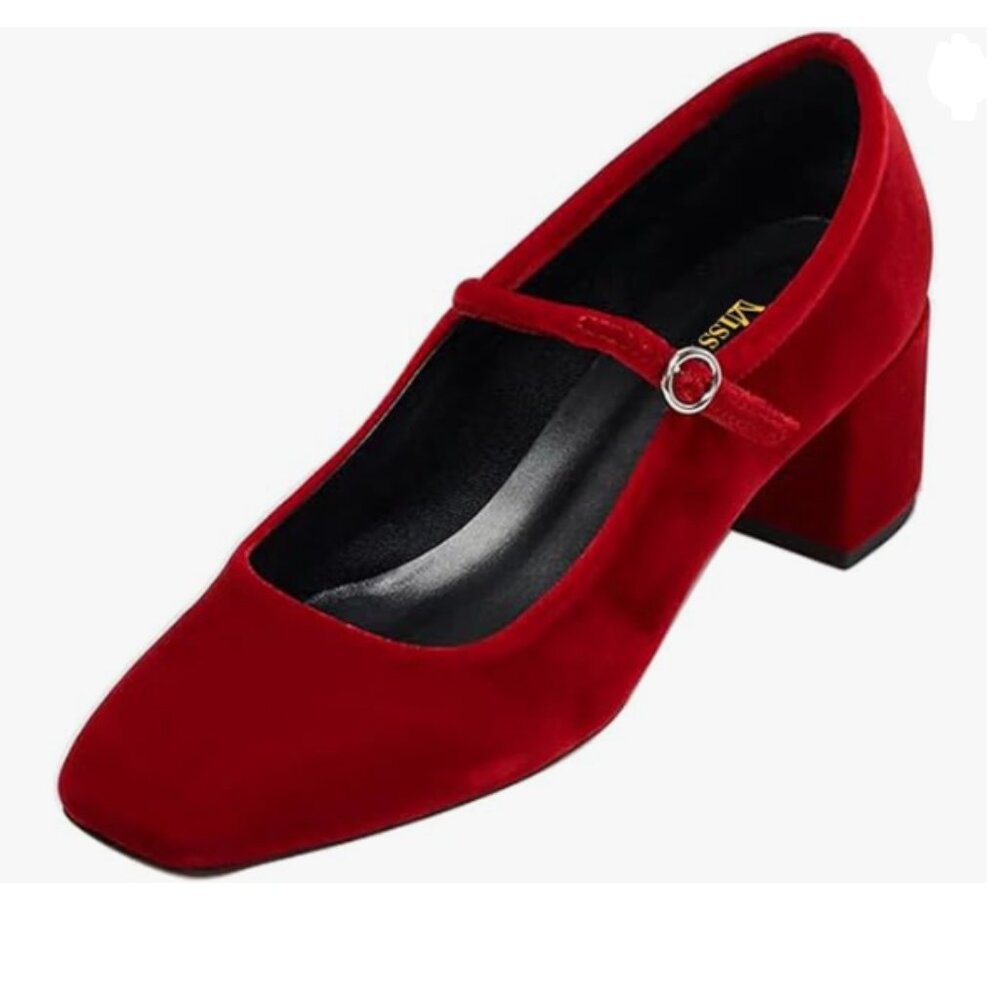 Miss left Red Velvet Single Strap Buckle Square Toe Mary Janes Block Heel Pumps